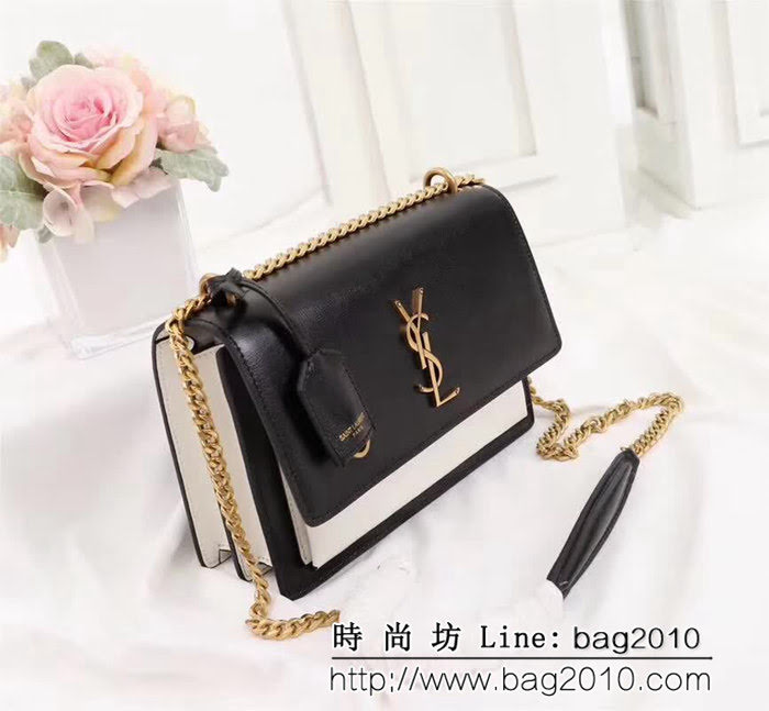 YSL聖羅蘭 高級定制 原單牛皮黑白配色牙籤紋鏈條包 442906 YAS1043